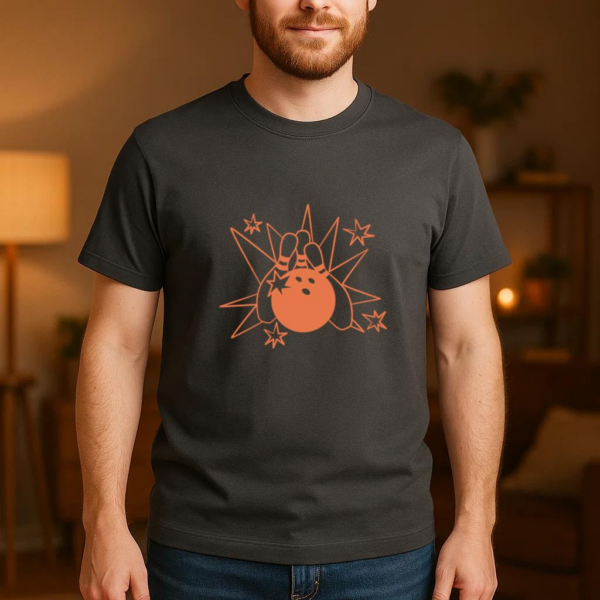Bowling Filled Stroke Retro Ball And Pins T-Shirt - Image 4