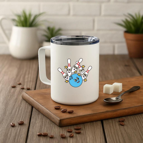 Bowling Retro Cartoon Ball Hitting Pins Insulated Coffee Mug 10oz - Image 3