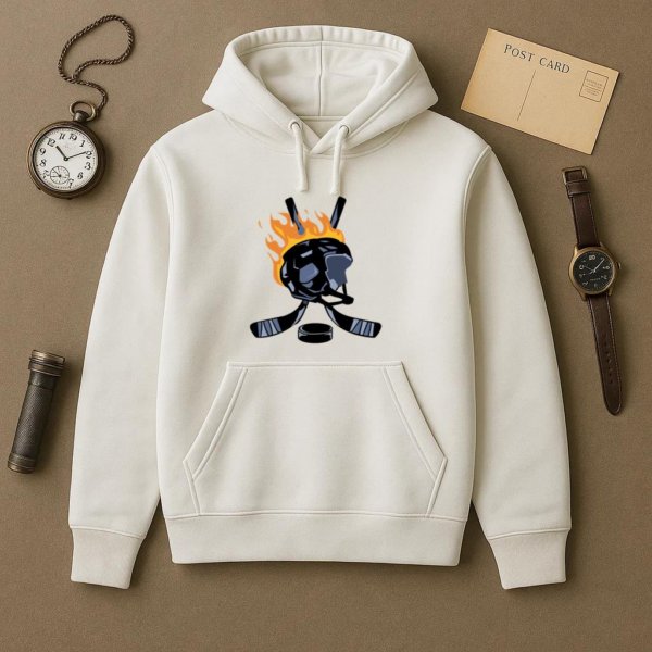 Ice Hockey Helmet And Sticks On Fire Hoodie - Image 2