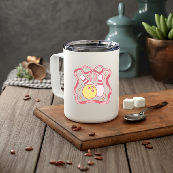 Pink And Yellow Bowling Design Insulated Coffee Mug 10oz - Image 2