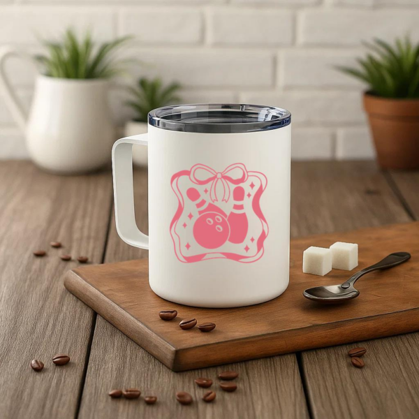 Pink Bowling Ball Design Insulated Coffee Mug 10oz - Image 3