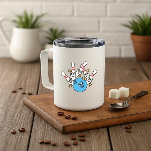 Bowling Retro Cartoon Ball Hitting Pins Insulated Coffee Mug 10oz - Image 3