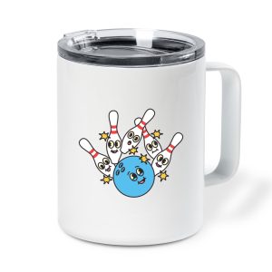 Bowling Retro Cartoon Ball Hitting Pins Insulated Coffee Mug 10oz